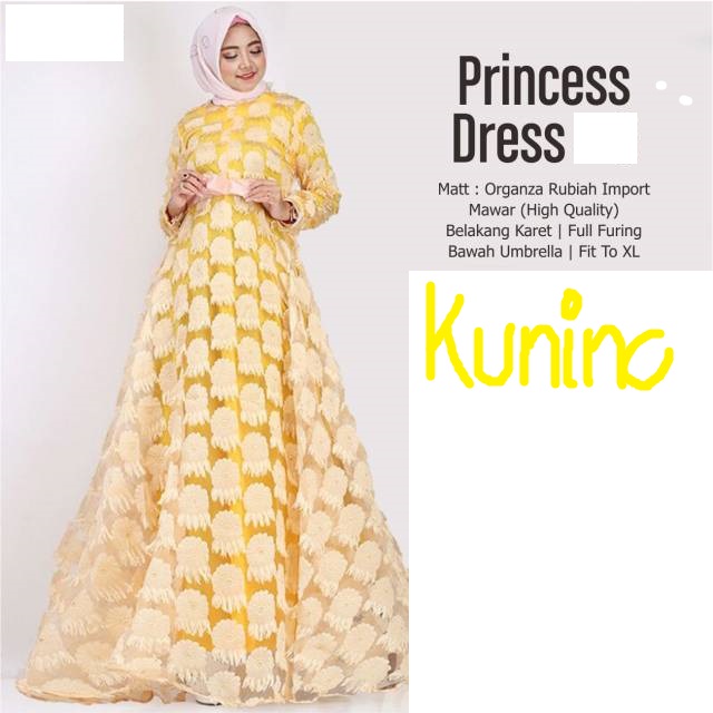 Baju Dress Pesta Party Princess Kuning Polos Motif Bulu Asli Bahan Rubiah Murah